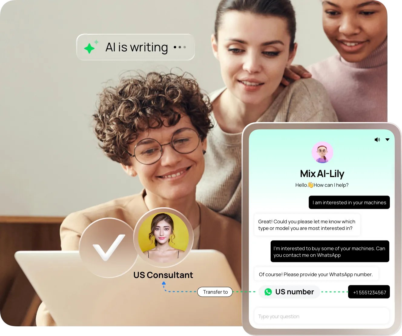 Mixdesk AI Agent collecting customer requirements before transferring a conversation to a human consultant