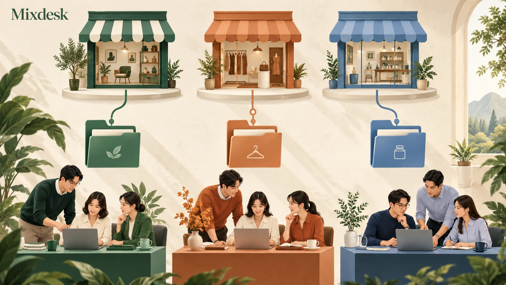 三个品牌店铺各自连接对应知识和服务团队的概念插画