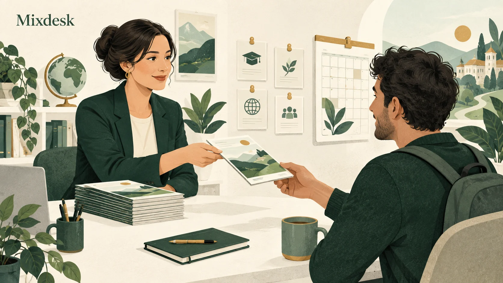 课程顾问将匹配的学习资料交给咨询者的概念插画