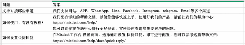 Knowledge base spreadsheet with question and answer columns