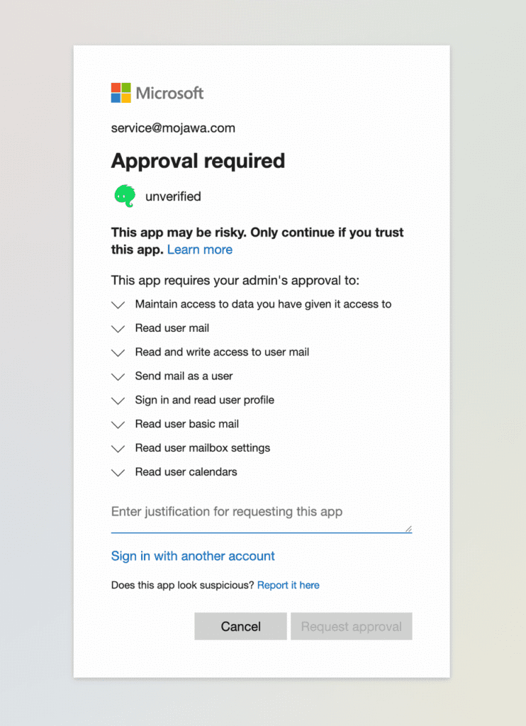 Microsoft administrator approval request for mailbox access