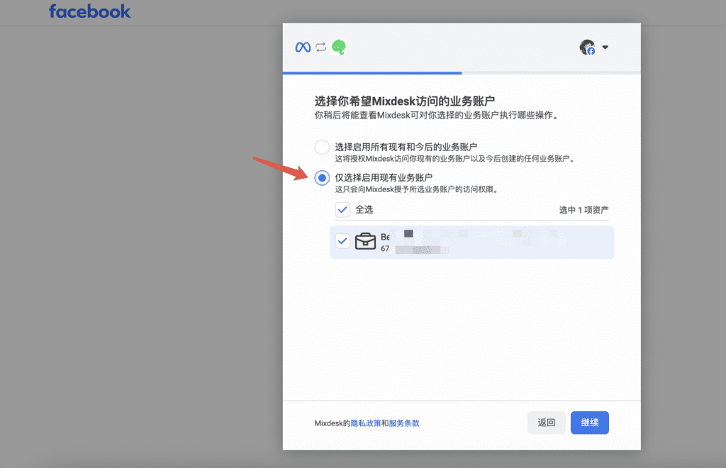Business account selection during Facebook authorization