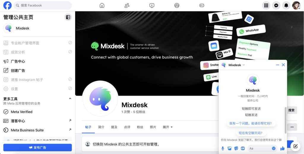 Facebook Page with Messenger test conversation