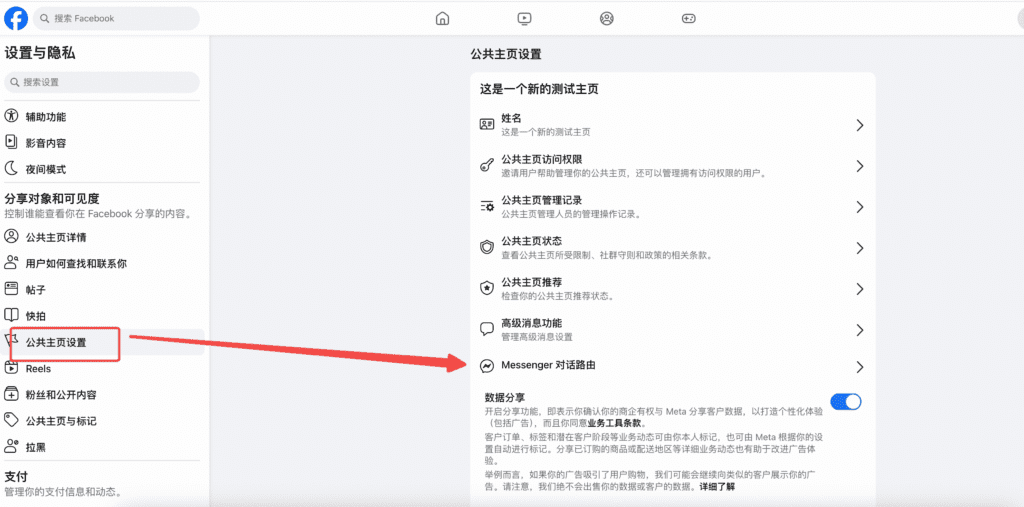 Facebook Page settings with Messenger routing highlighted