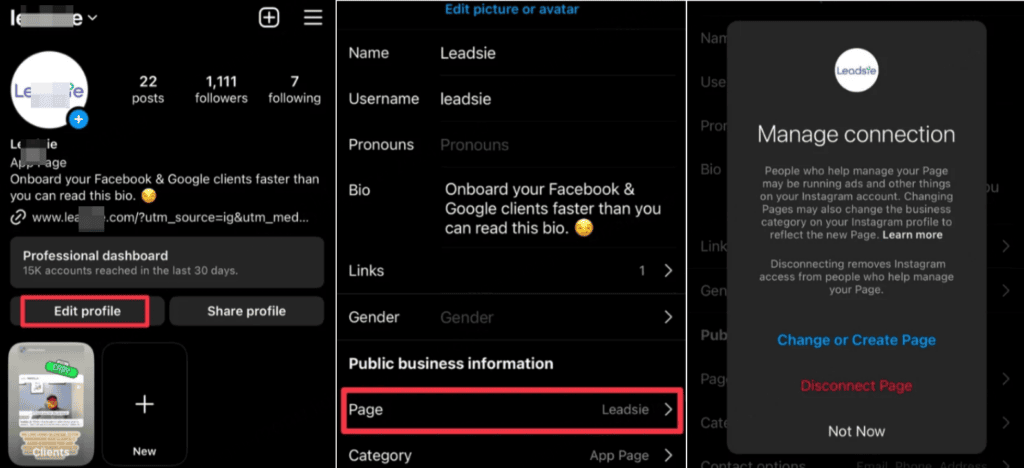 Instagram app screens for linking a Facebook Page