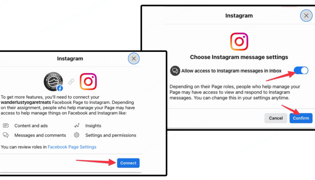 Instagram message access permission during Facebook linking