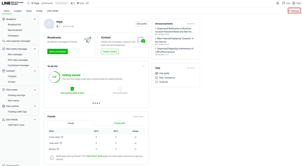 LINE Official Account settings with Messaging API selected