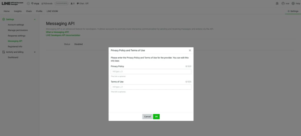 Privacy policy and terms URL fields in LINE