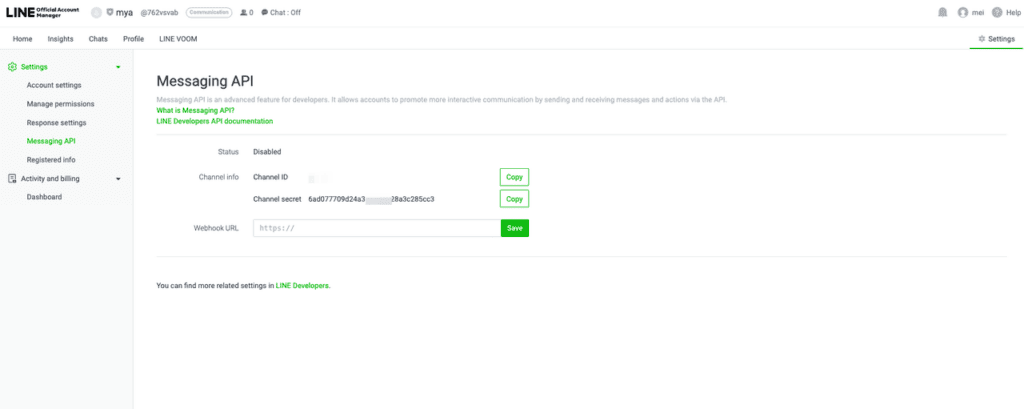 LINE channel ID and channel secret settings