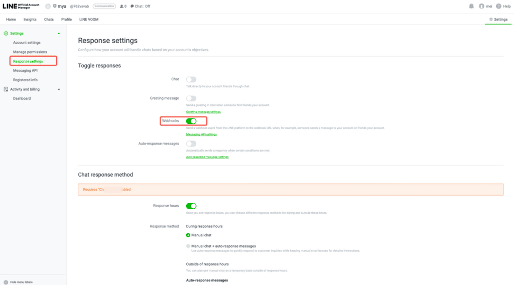 LINE response settings with Webhooks enabled