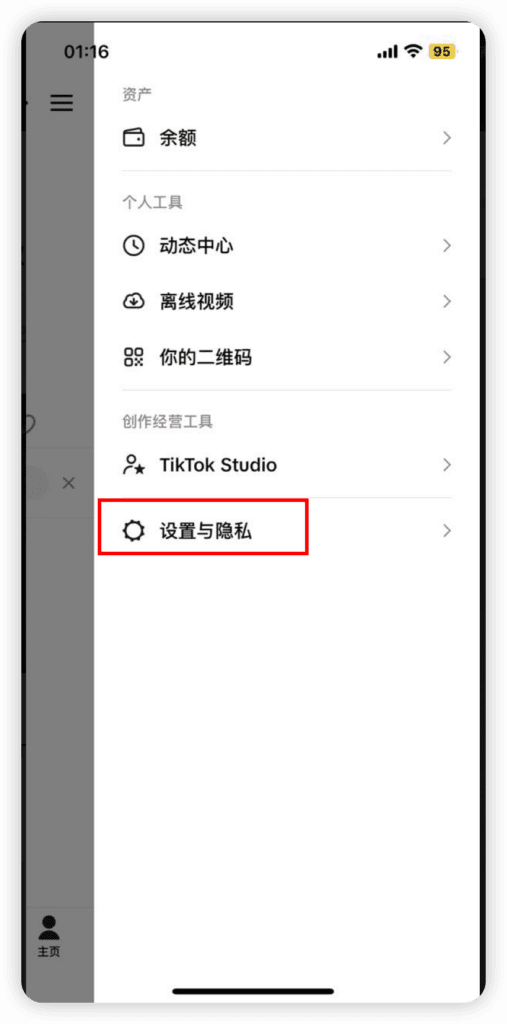 Settings and Privacy entry in TikTok