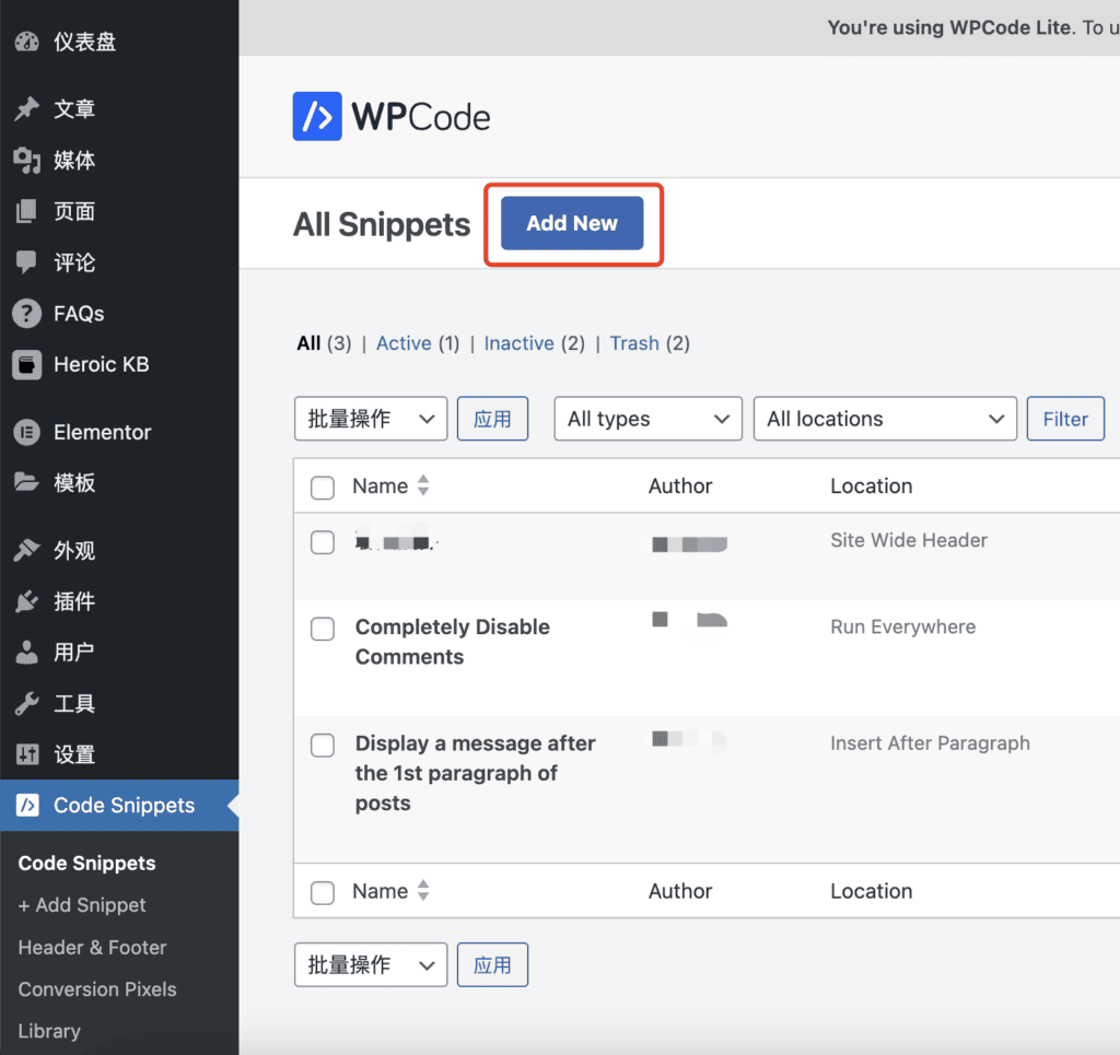 Add New snippet button in WPCode