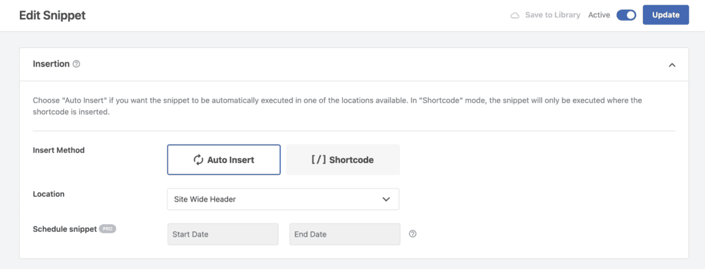 WPCode auto-insert settings