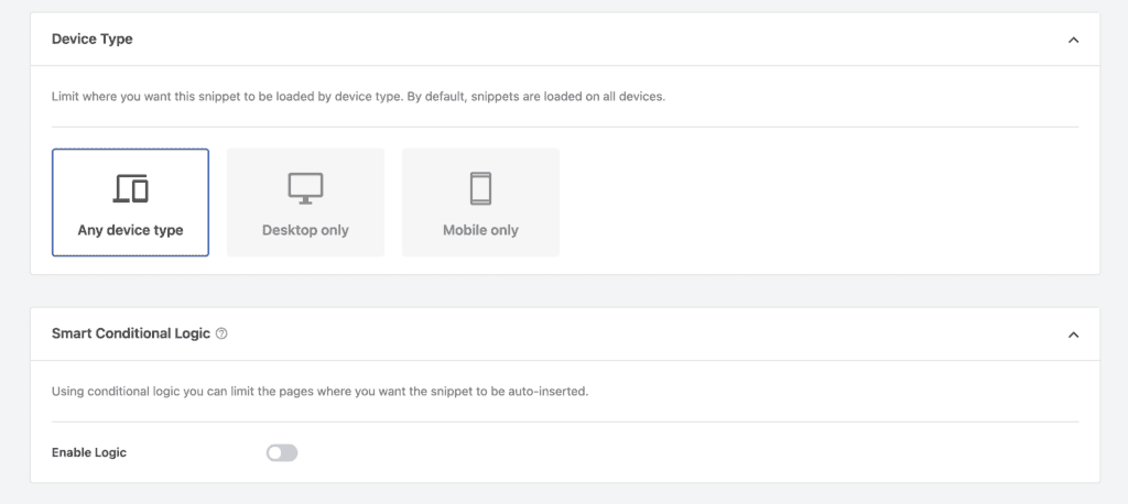 WPCode device targeting settings